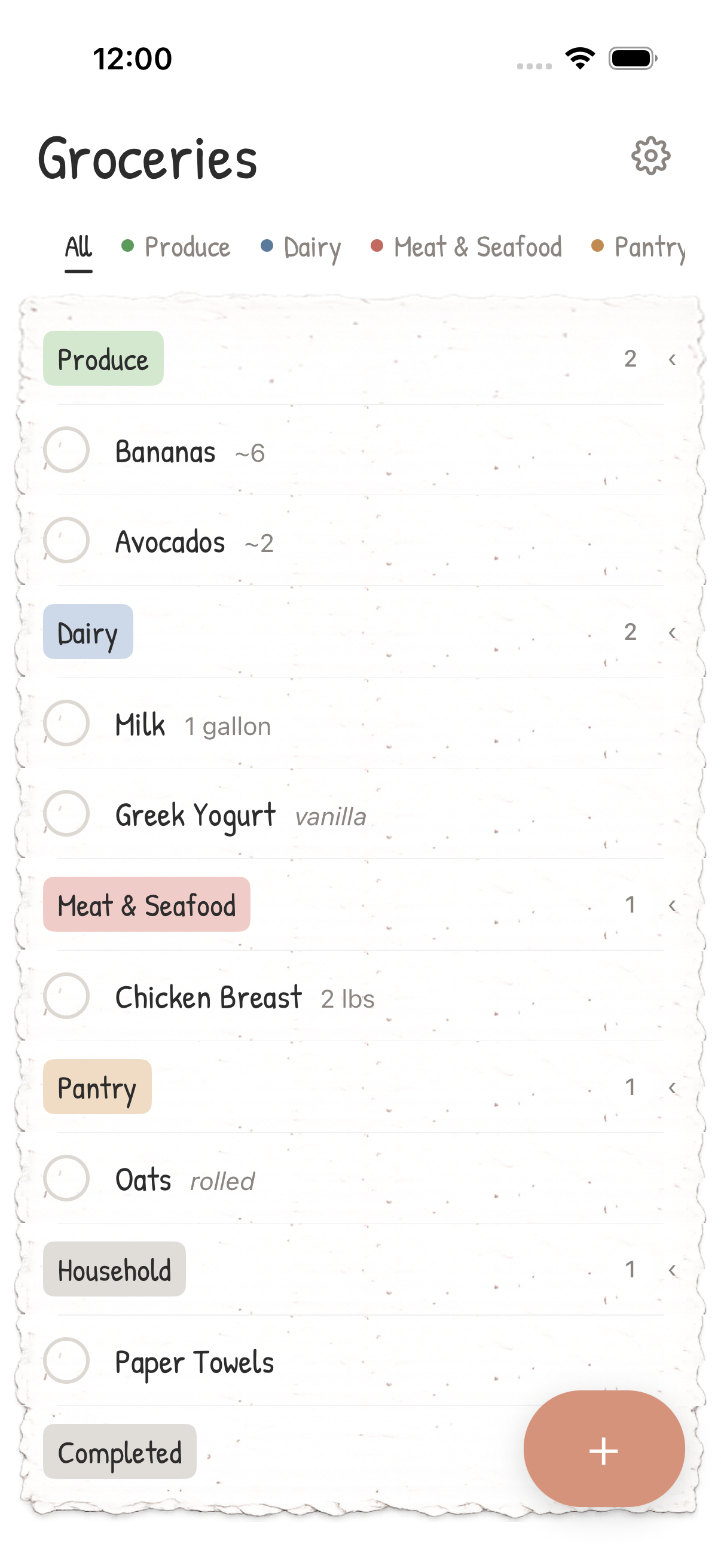 Paper Bag app screenshot showing a shared grocery list with categorized items